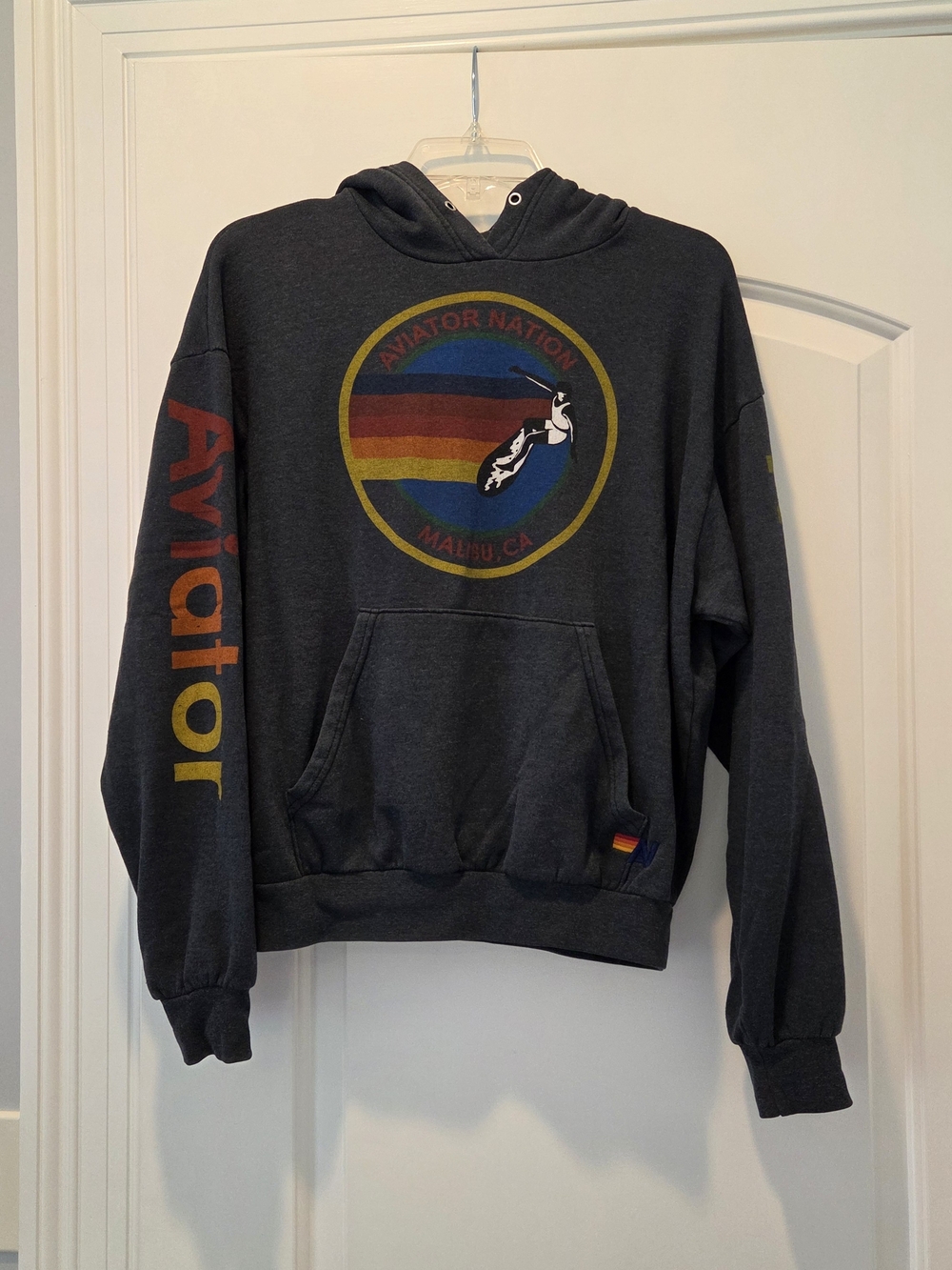 Aviator Nation Charcoal Hoodie with Retro Rainbow Logo